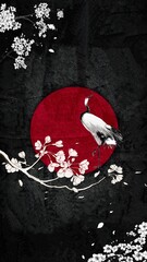 Illustration with Japanese art design with bird , red sun and sakura blooming.