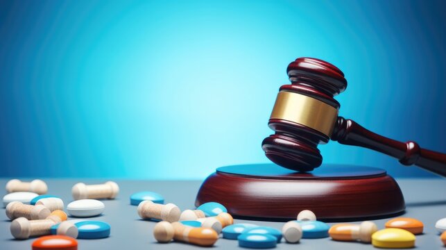 Gavel with pills. medical concept. Medical law and crime created with Generative AI technology