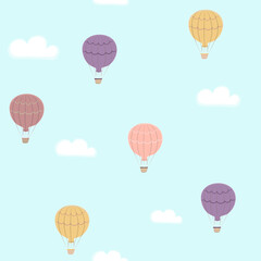 Simple seamless pattern with balloons and clouds on a light blue background