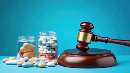 Gavel with pills. medical concept. Medical law and crime created with Generative AI technology - obrazy, fototapety, plakaty