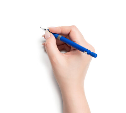 Female hand holding a blue pencil, isolated on a transparent background png.