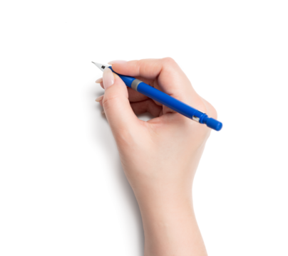Female hand holding a blue pencil, isolated on a transparent background png.
