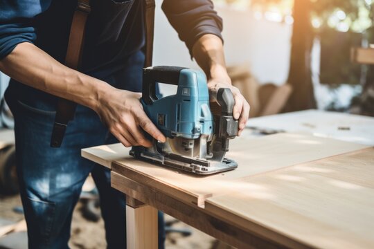 Craftsman cutting plywood with precision using a wooden board, Generative AI