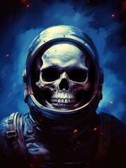 Dead astronaut. Skull in space suit on dark background. Digital art.