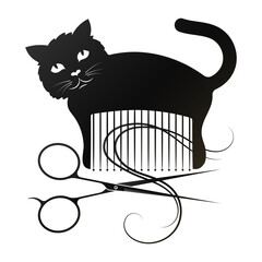 Black cat silhouette scissors and groomer comb. Animal care grooming and washing