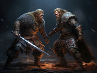Battle of two Vikings. Digital art.