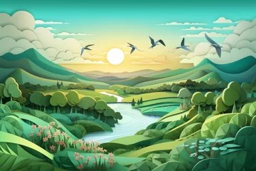 Fototapeten Paper Cut Out Illustration of Countryside Landscape with Sun, Birds, and Animals, Generative AI © ParinApril