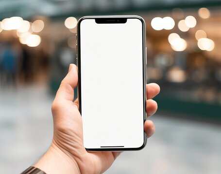 mock up phone in man hand showing white screen