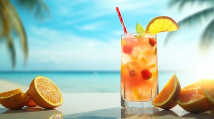 Vacation, Sea, Sunshine, Cocktail, Beach, Relax, Fruit drink, Holiday, Wallpaper. A FRESH SUGGESTION. Drink, green palms. Blurred background with blue ocean in the distance let the imagination travel.