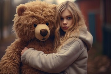 Seeking Comfort: Girl Embracing Teddy Bear for Solace