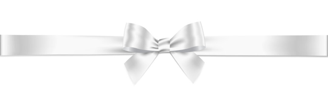 White Ribbon Bow Realistic shiny satin with shadow long horizontal ribbon for decorate your wedding invitation card ,greeting card or gift boxes vector EPS10 isolated on White background.