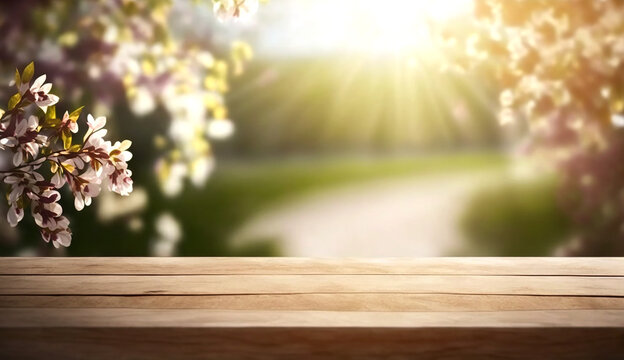 Empty wooden table with blooming garden bokeh background. Generative AI.