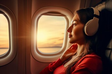 Happy Girl with Headphones Traveling by Air: Music and Adventure