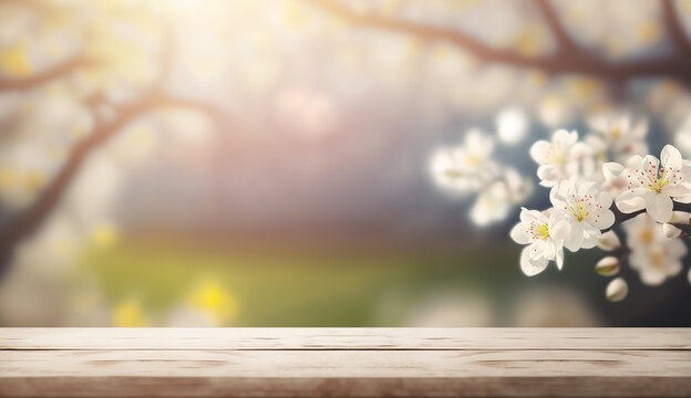 Empty wooden table with blooming white apple orchard bokeh background. Generative AI.