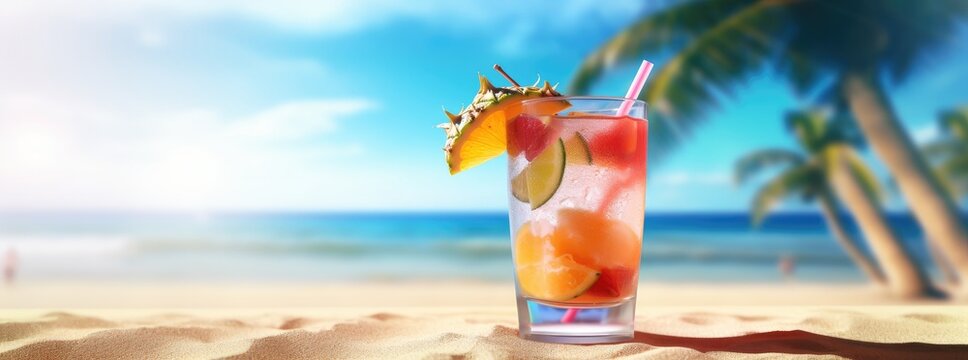 Banner, Vacation, Ocean, Sunny beach, Beautiful, Tropical drink, Holiday, Wallpaper. (THERE IS A TIME TO WORK AND A TIME TO RELAX. NOW IT IS THE TIME TO....) Frozen cocktail on the sand with shadow.