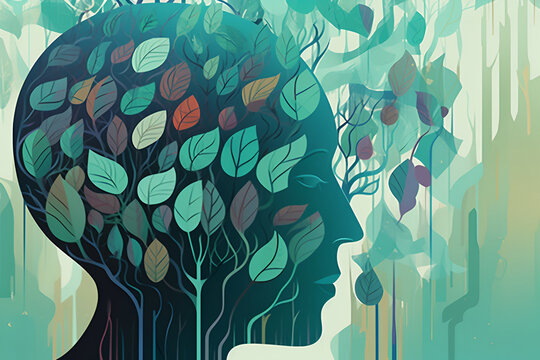 Mental health and creative abstract concept. Illustration of female head. Mindfulness and self care idea. Generative AI.