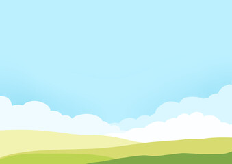 green field and blue sky with clouds handdrawn background