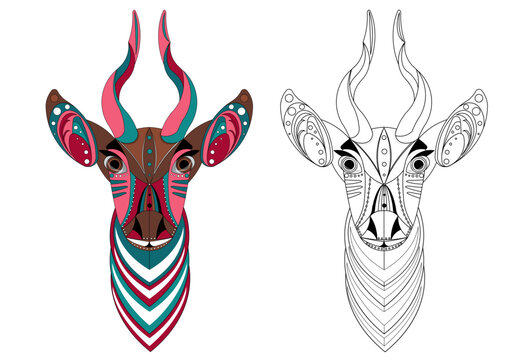 Vector image of a horned animal, consisting of geometric shapes according to the principle of the golden ratio and an outline image for coloring. Antelope Bongo. Cartoon. EPS 10