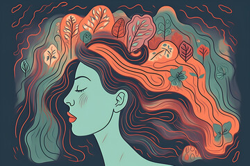 Mental health and creative abstract concept. Illustration of female head. Mindfulness and self care idea. Generative AI.