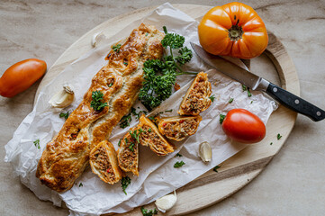 Puff pastry rolls with mediterranen minced meat filling