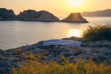 Picturesque view of rocky coast with grass near sea