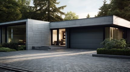 Modern and luxurious garage with driveway and roller door created with Generative AI technology