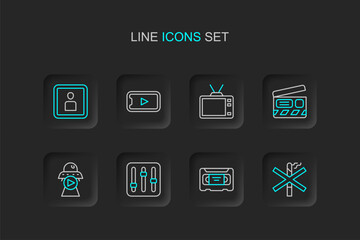 Fototapeta premium Set line No smoking, VHS video cassette tape, Sound mixer controller, Science fiction, Movie clapper, Retro tv, Online play and Play Video icon. Vector