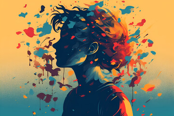 Mental health creative abstract concept. Colorful illustration of teenager girl. Generative AI.