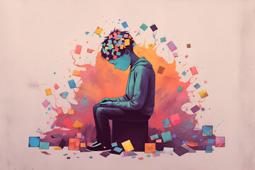 Mental health creative abstract concept. Colorful illustration of teenager. Generative AI.