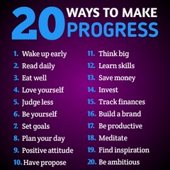 20 ways to make progress. Motivational quote. Inspirational topography design