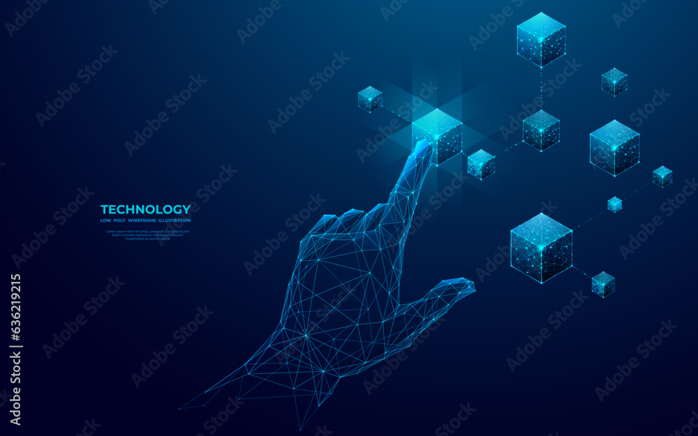 Leinwandbilder abstract hand touching on blockchain digital icon. a futuristic human finger clicks on linked cubes.