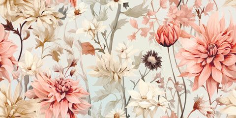 Tablecloth Flower and plant. Floral classic seamless print in shabby chic style. Flowers vector illustration: peony, rose, aster, leaves and plants for background, pattern and wallpaper
