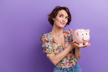 Photo portrait of attractive young woman piggy look empty space dressed stylish flower print...