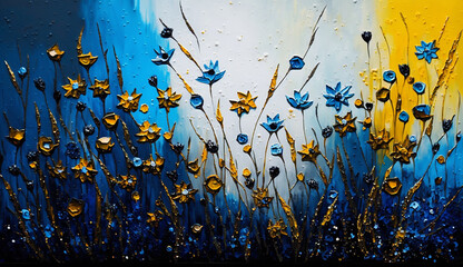 Fototapeta na wymiar Stunning blue and yellow floral oil painting generative AI