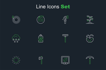 Set line Pickaxe, Seeds of specific plant, Wooden, Sun, Apple, Garden rake, Spray against insects and Cloud with rain icon. Vector