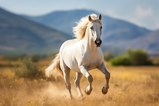 white horse running in the field