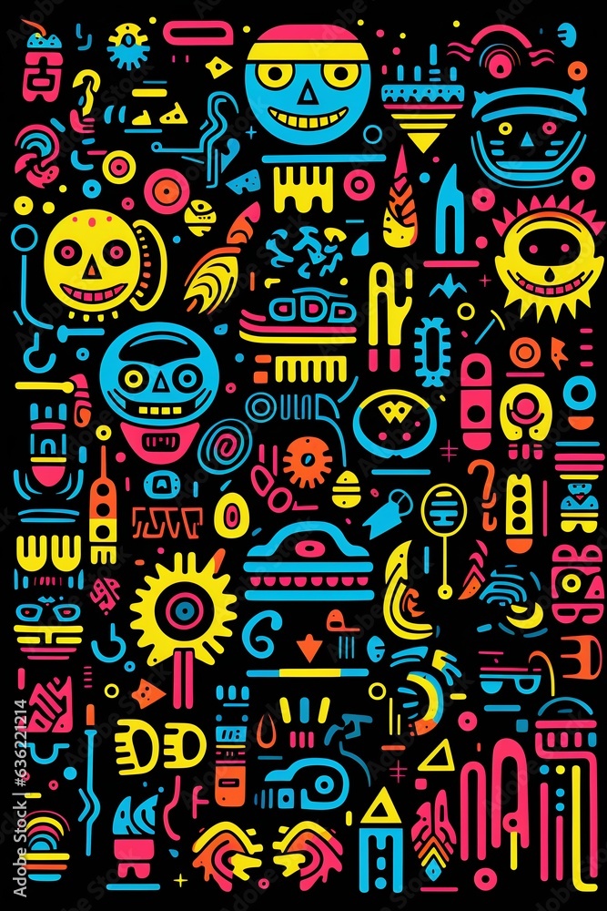 Poster vibrant pop art patterns with fun shapes on black background. generative ai