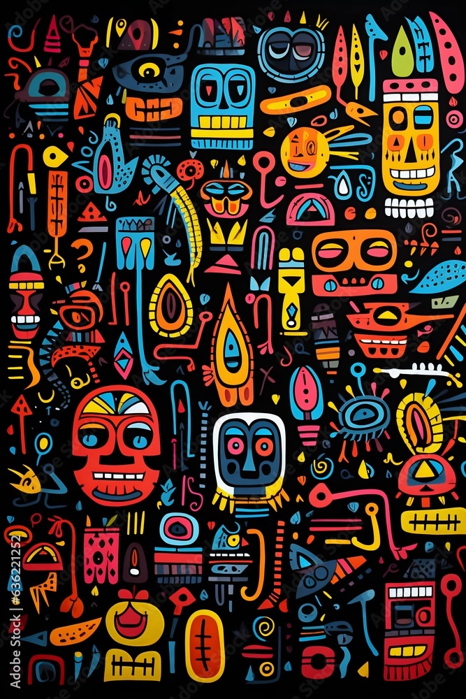 Poster vibrant pop art patterns with fun shapes on black background. generative ai