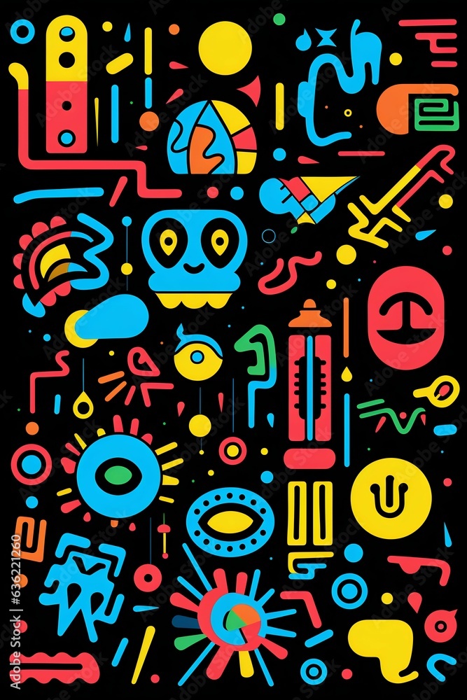 Poster vibrant pop art patterns with fun shapes on black background. generative ai