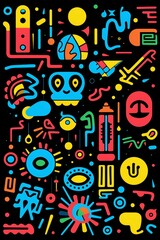 Vibrant Pop Art Patterns with Fun Shapes on Black Background. Generative ai