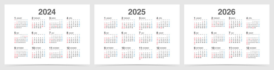 年間カレンダー横　2024年・2025年・2026年セット
日本の祝日・年中行事入り