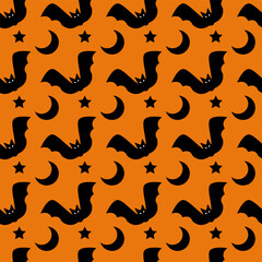 Seamless pattern for Halloween.Seamless texture with bat, crescent and star silhouettes.