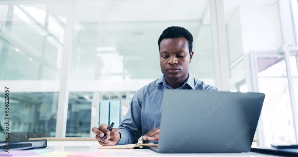 Poster office laptop, reading or black man, business admin or agent writing notebook summary of company rep