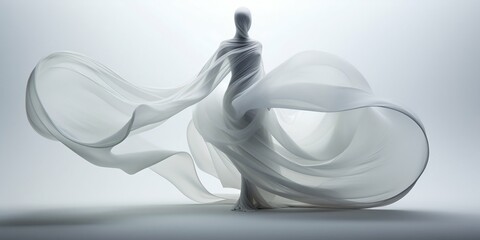 Ghostly Robotic Woman in White Dress on Foggy Day. Generative ai