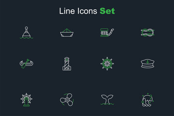 Set line Tsunami, Whale tail, Boat propeller, Ship steering wheel, Captain hat, Lighthouse and Kayak and paddle icon. Vector