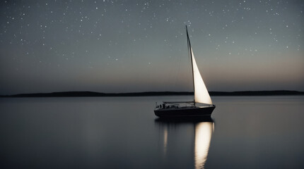 Fototapeta premium Sailing boat on the lake at night with stars in the sky