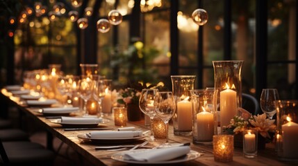 Wedding  table setting. hall decoration with a lot of string lights and candles. festive table decor on the terrace - Powered by Adobe