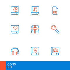 Set line Photo album gallery, User manual, Headphones, Magnifying glass, Romance book, Book gift, FB2 File and Audio icon. Vector