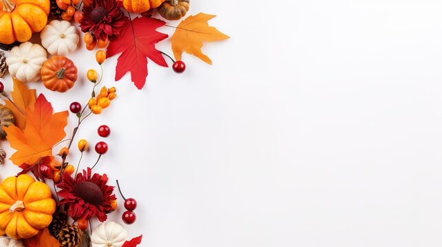 Autumn composition. Rowan berries, dried leaves, pumpkins, and flowers on white background. Autumn, fall, halloween, thanksgiving day concept. View from the top, with text space. Generative AI