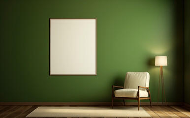 Interior of green living room with white armchair, lamp and empty poster. Mock up with frame